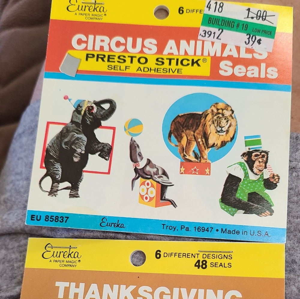 Eureka Thanksgiving and Circus Animals Presto Stick Seals Stickers (Lot of 2)
